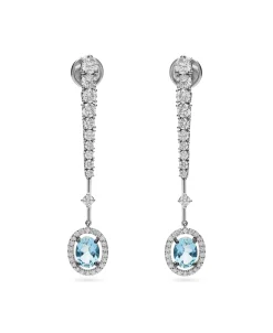 Pendientes Largos con Diamantes y Aguamarina Oval 2,01 cts en Oro Blanco
