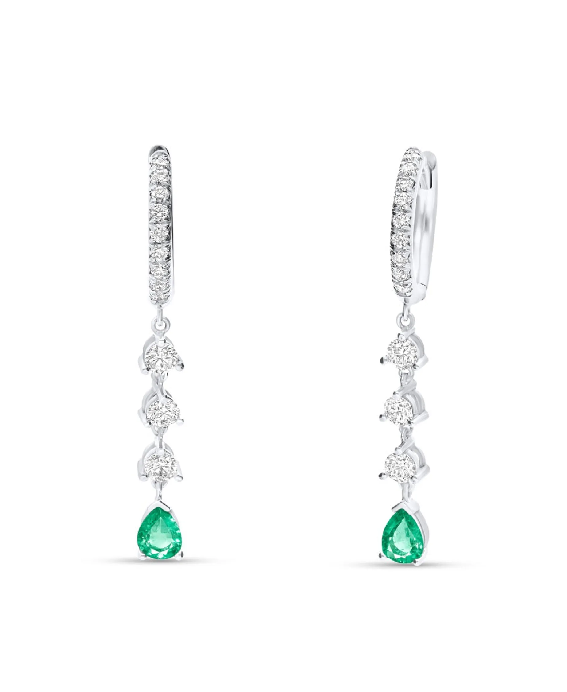 Pendientes Largos con Esmeralda Pera y Diamantes Oro Blanco
