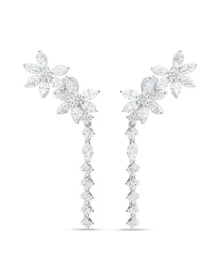 Pendientes Largos Florales con Diamantes 2 cts en Oro Blanco
