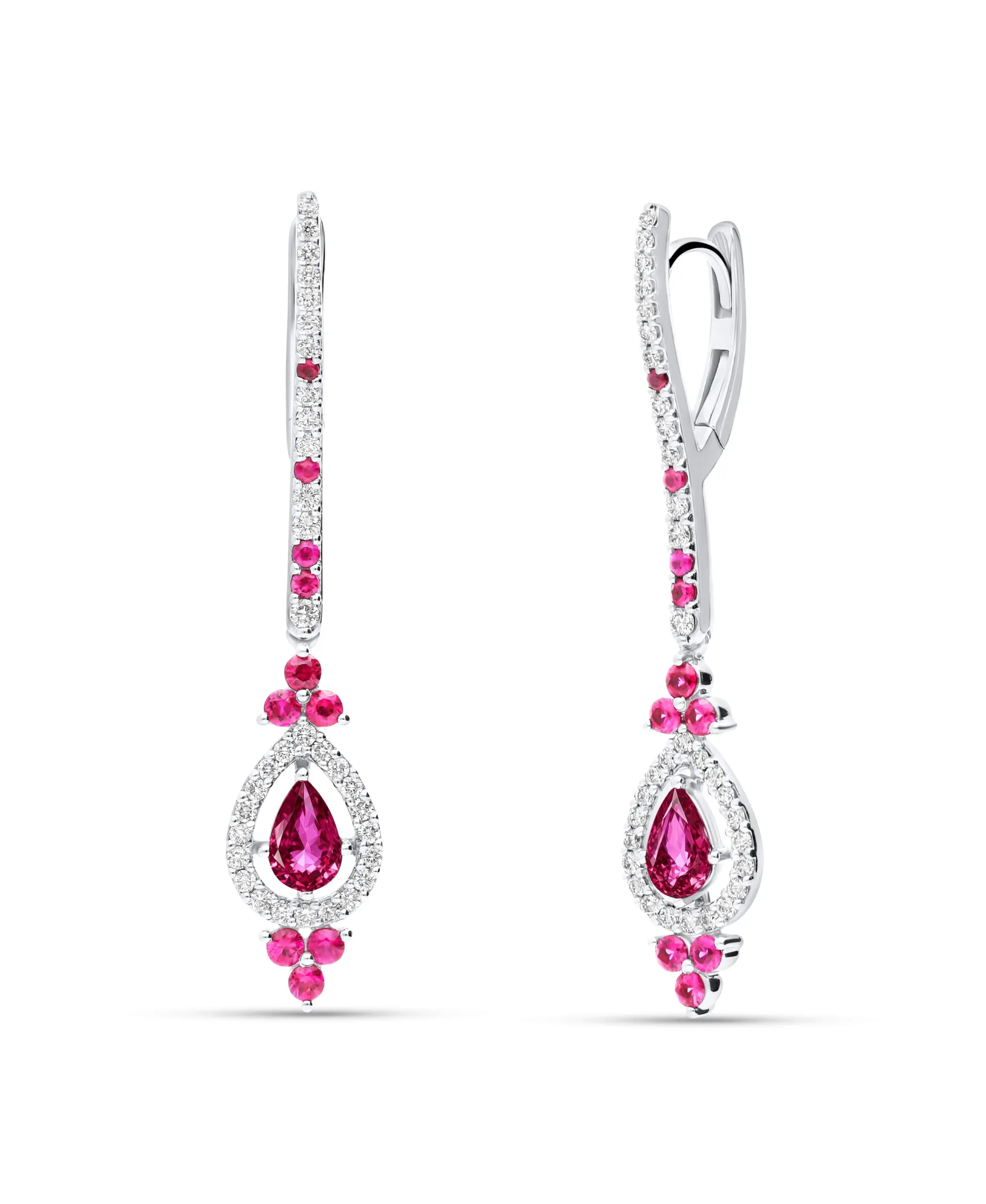 Pendientes Largos Rubíes 1,42 cts y Diamantes 0,50 cts en Oro Blanco