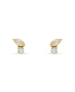 Pendientes Mini Hoja con Circonitas en Oro Amarillo
