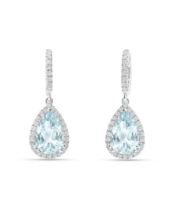 Pendientes Roseta con Aguamarinas Talla Oval 4,79 cts y Diamantes en Oro Blanco 18K