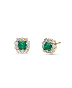 Pendientes Roseta con Esmeraldas Talla Princesa y Diamantes en Oro Amarillo