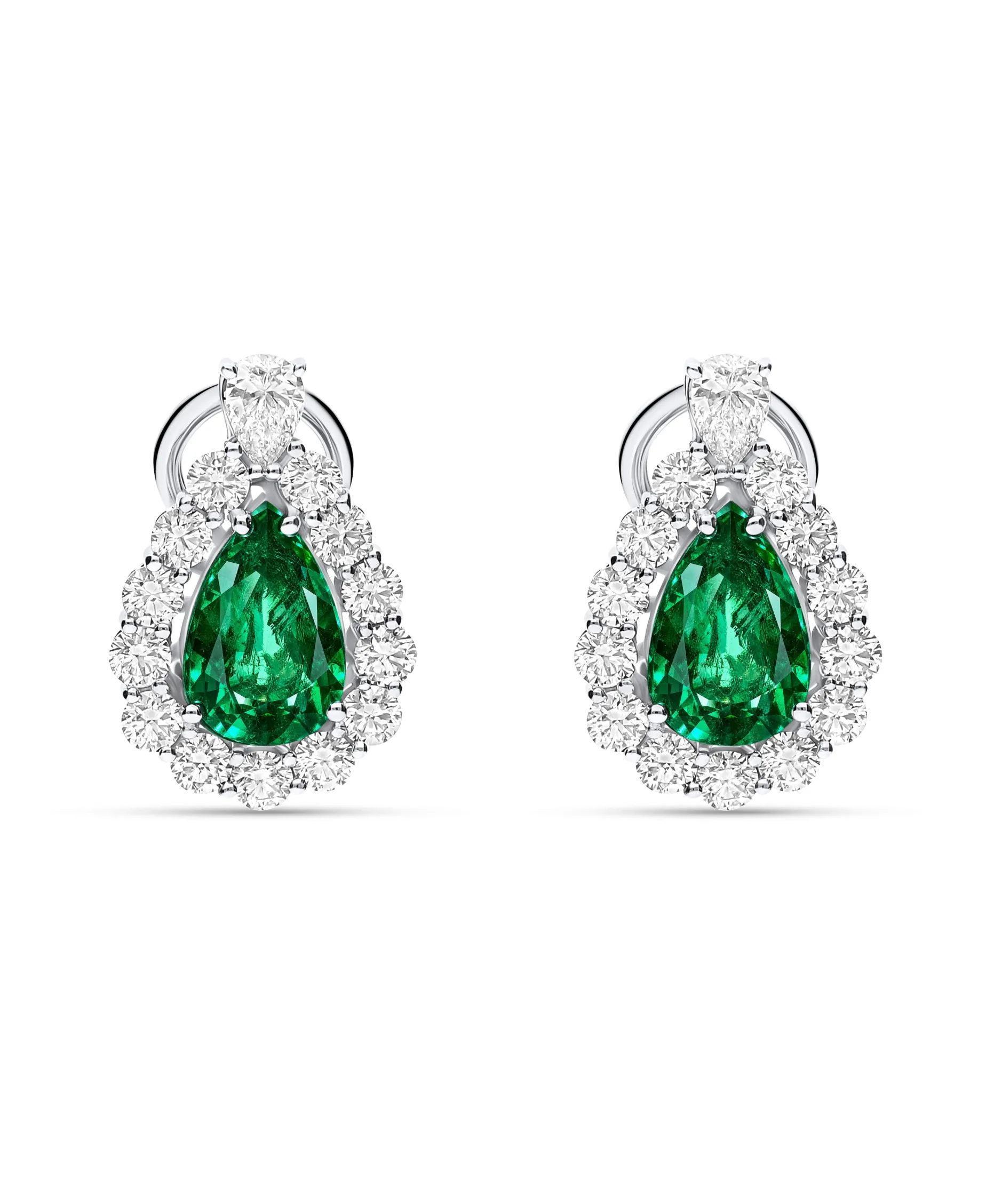 Pendientes Roseta de Esmeraldas Talla Pera 2,75 cts y Diamantes en Oro Blanco