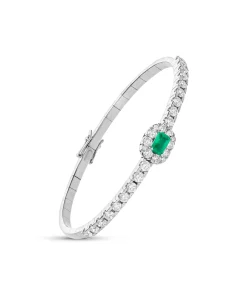 Pulsera Rígida Diamantes y Esmeralda 0,55 cts en Oro Blanco
